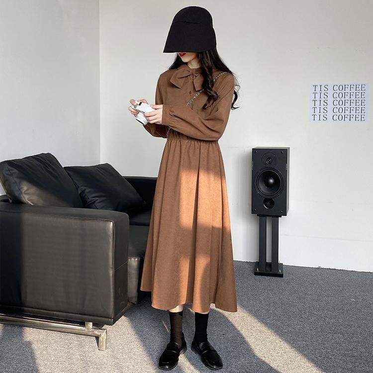 Long-Sleeve Stand Collar Plain Bow Accent Half-Buttoned Midi A-Line Dress Product Image