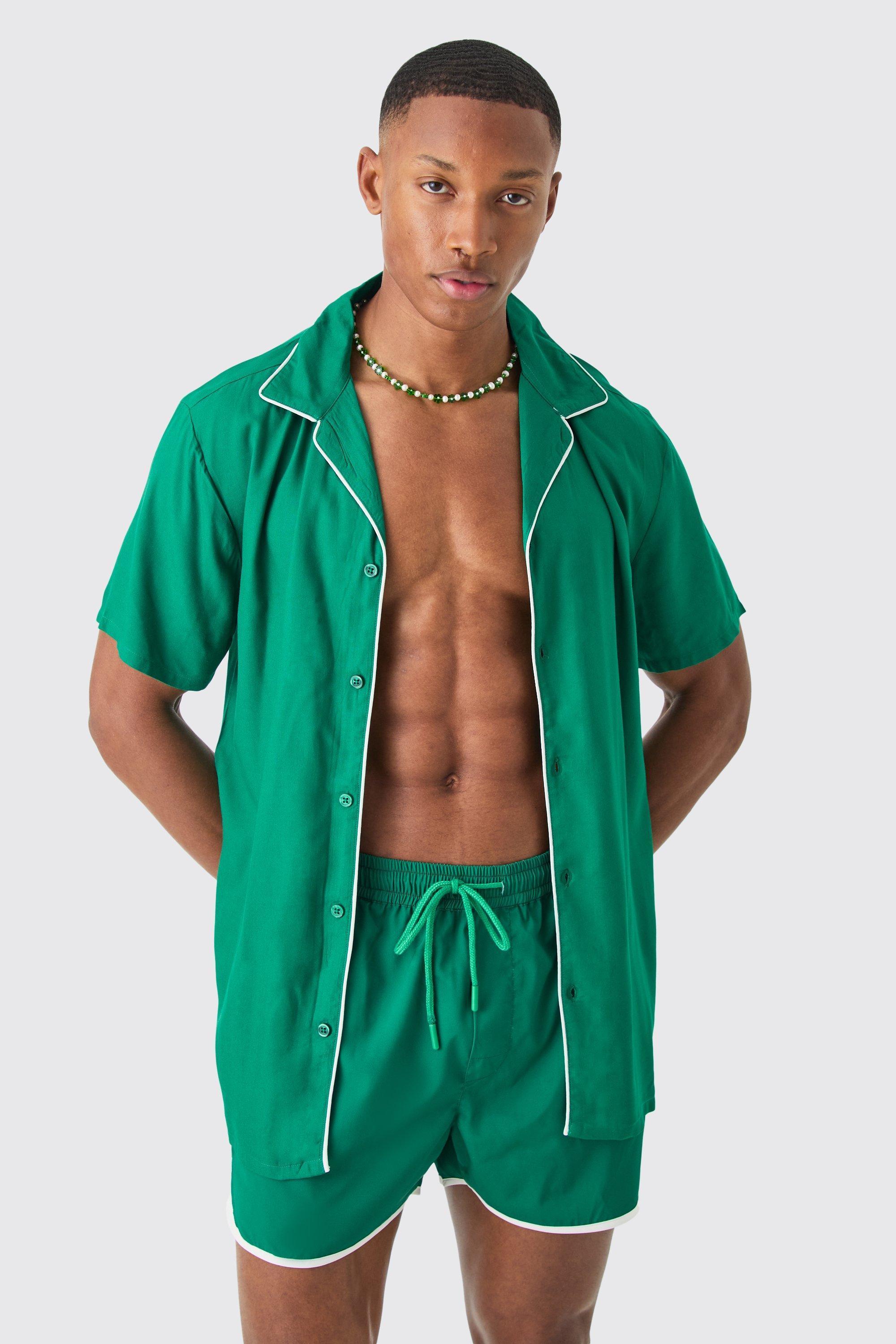 Short Sleeve Plain Piping Shirt & Swim Set | boohooMAN USA Product Image