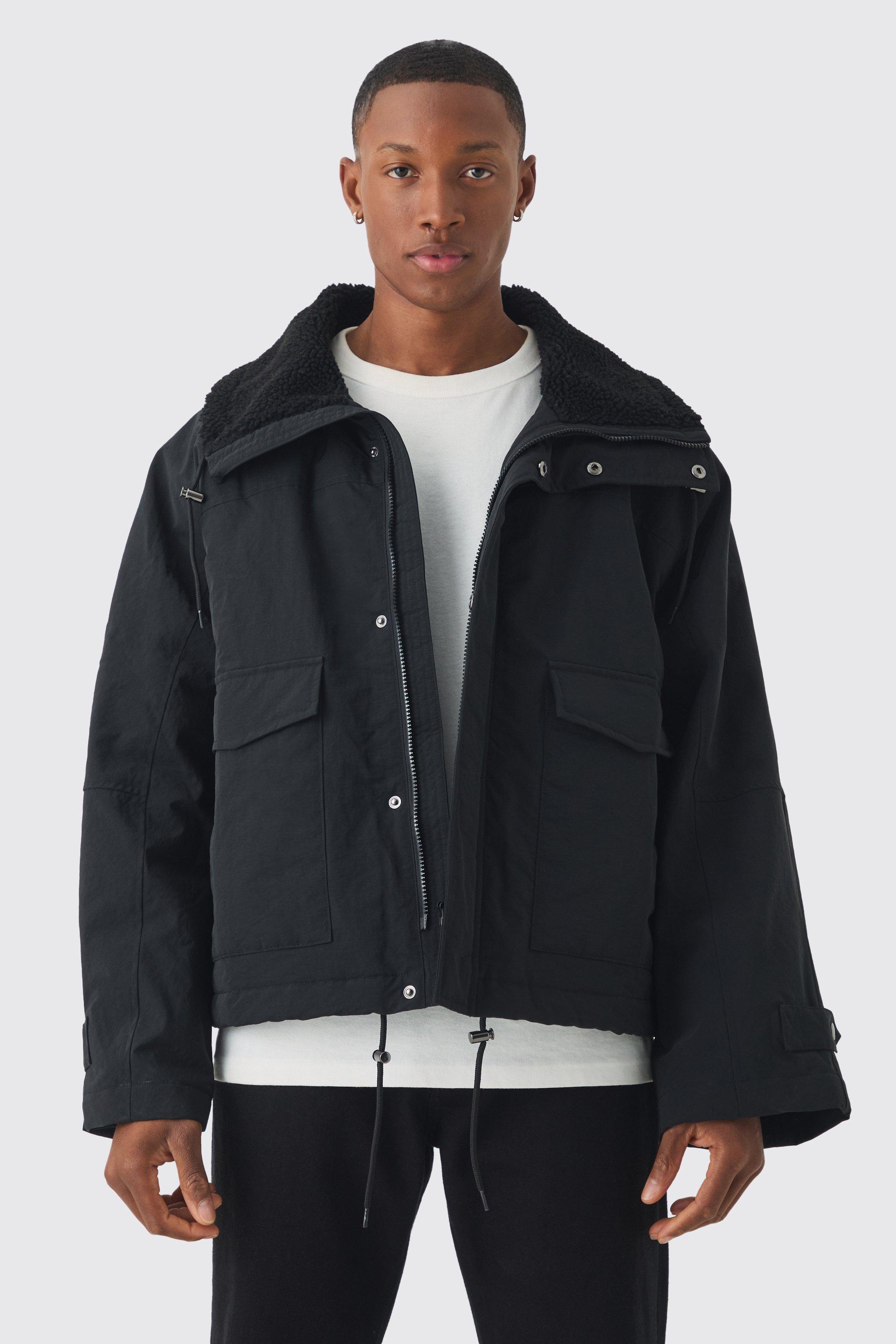 Borg Collar Parka In Black | boohooMAN USA Product Image