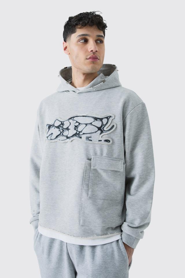 Mens Grey Oversized Boxy Heavy Distressed Applique Hoodie, Grey Product Image