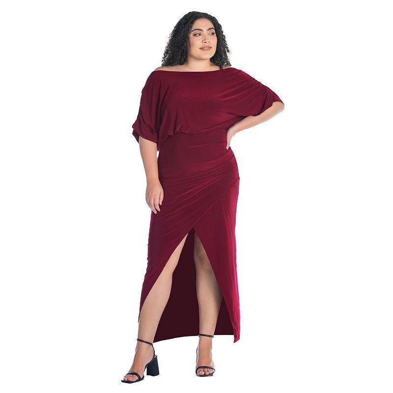 Plus Size 24Seven Comfort Apparel Boat Neck Batwing Sleeve Slit Maxi Dress, Womens Red Product Image