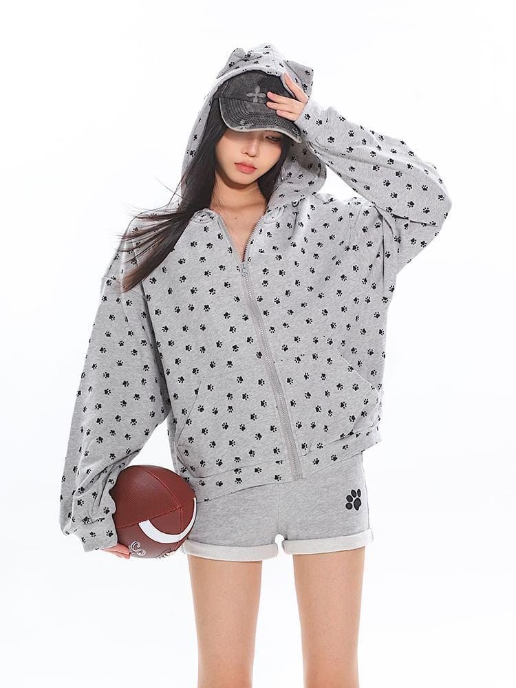 Set: Paw Print Zip Hoodie + High Waist Sweat Shorts Product Image