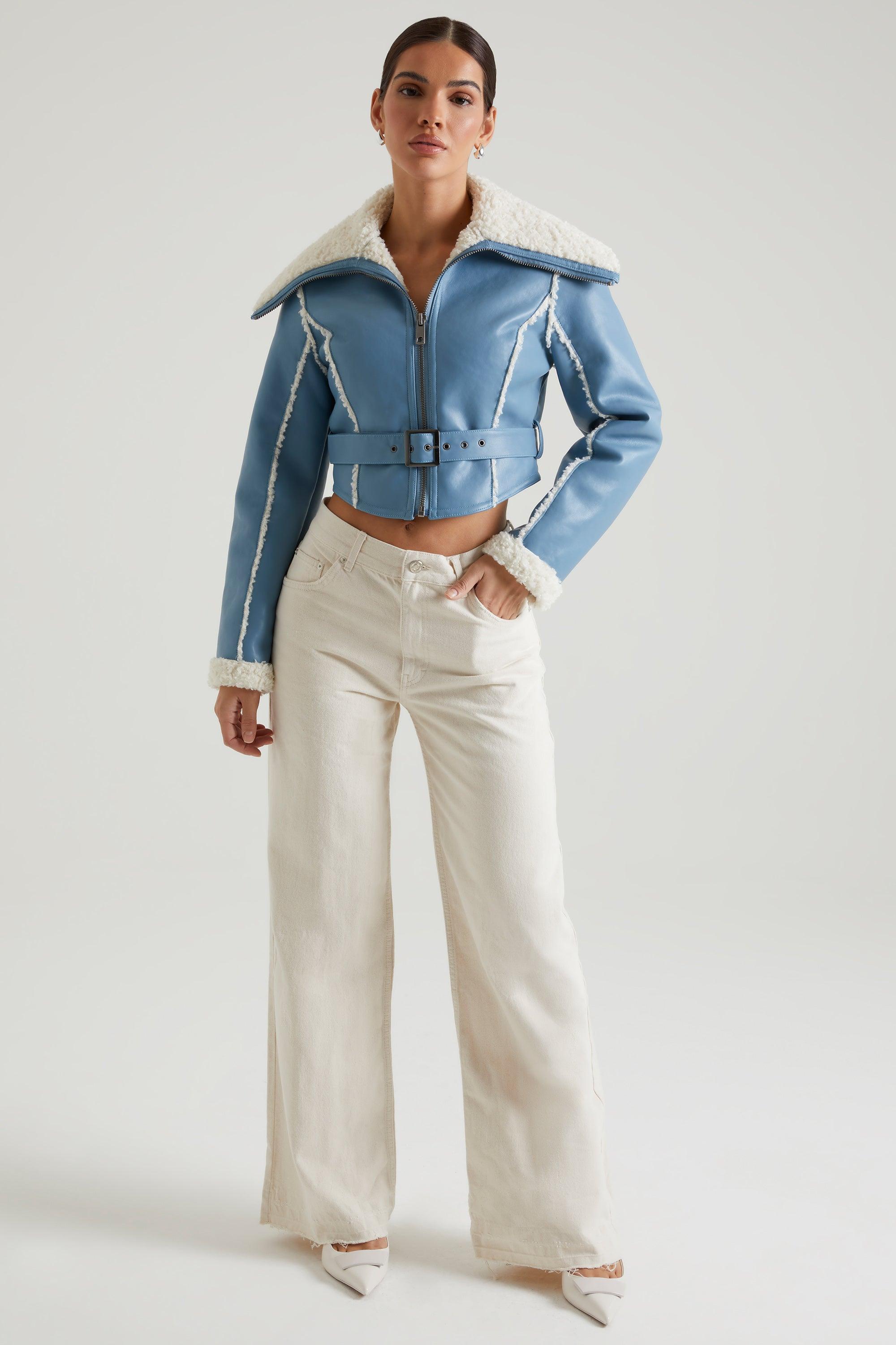 Jacket with Shearling Collar and Trim in Blue Product Image