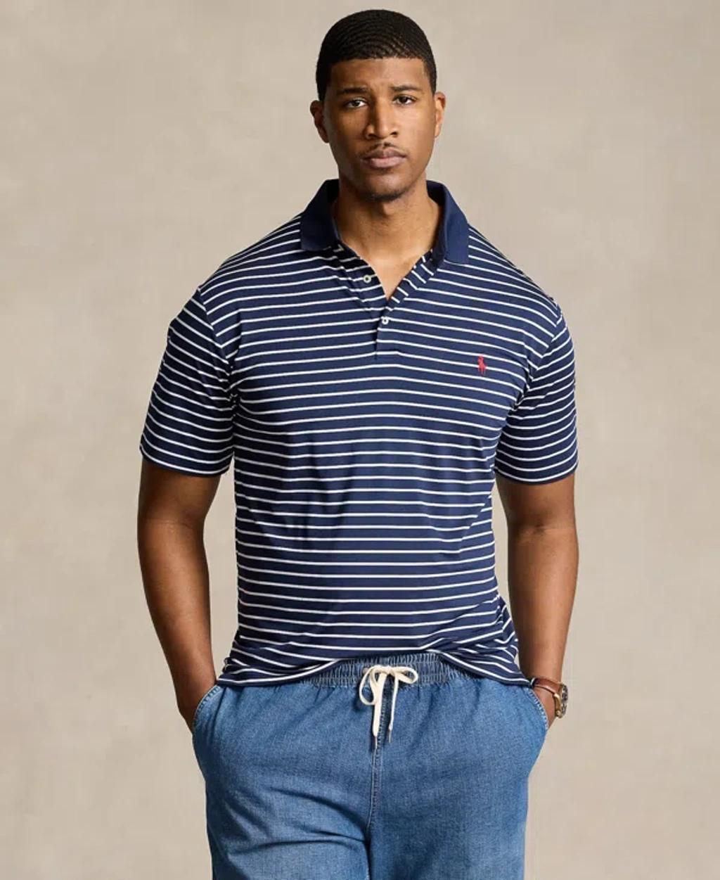 Men's Big & Tall Airflow Stretch Striped Performance Polo Shirt In Refined Navy,ceramic White Product Image