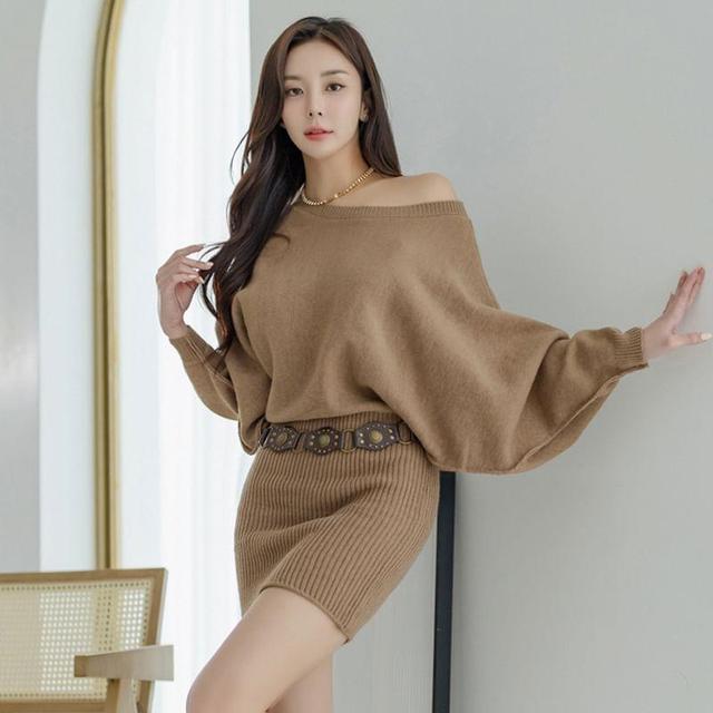 Set: Boat Neck Plain Ribbed Mini Sheath Sweater Dress + Belt Product Image