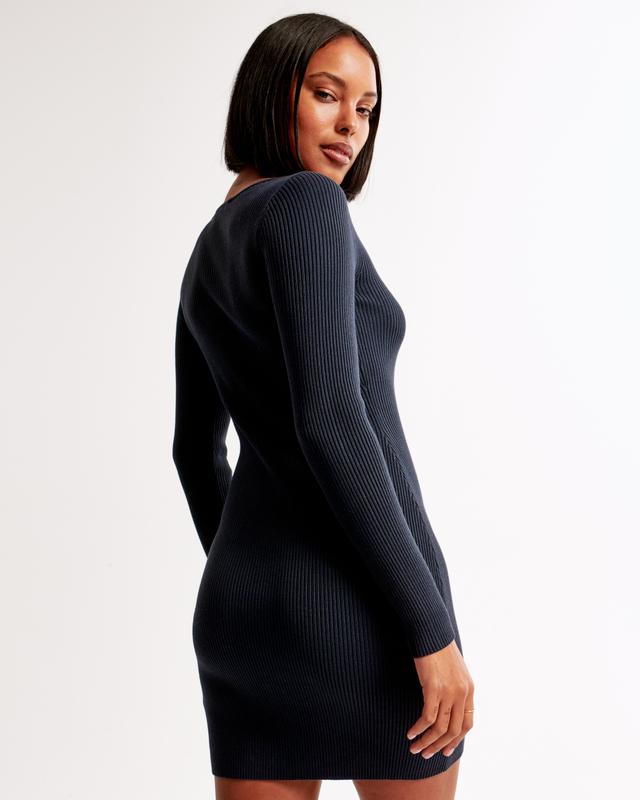 Long-Sleeve Deep-V Mini Sweater Dress Product Image