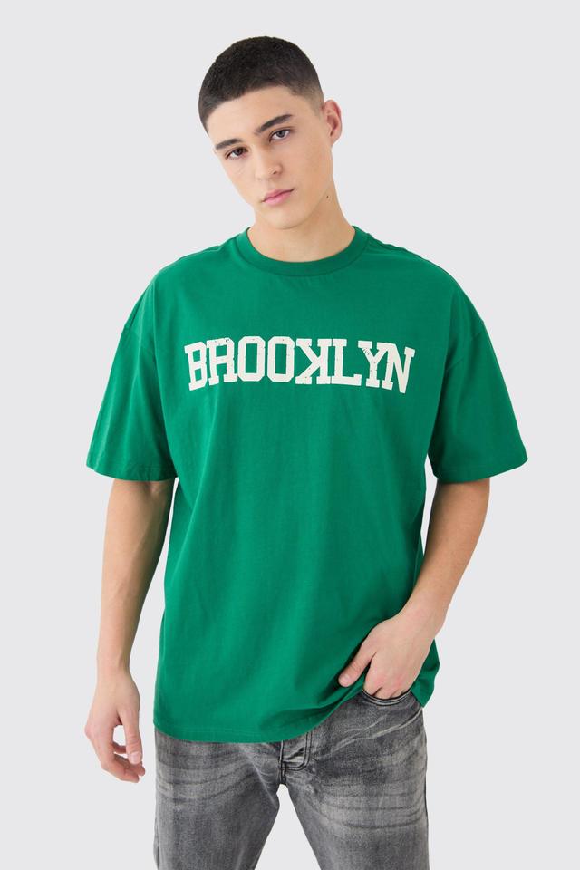 Mens Green Oversized Brooklyn Varsity T-shirt, Green Product Image