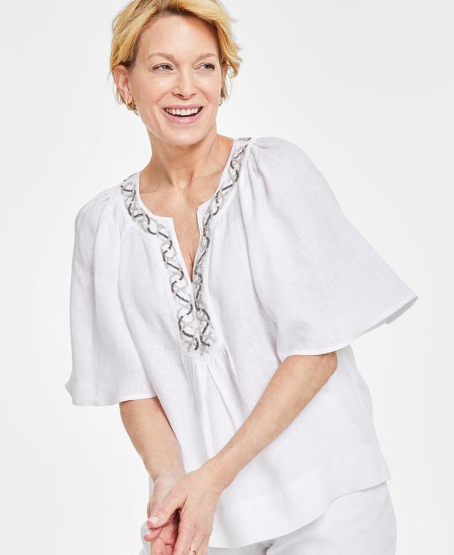 Charter Club Womens 100% Linen Embellished Flutter-Sleeve Top, Created for Macys Product Image