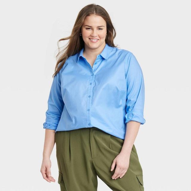 Womens Long Sleeve Oxford Button-Down Shirt - A New Day Blue XXL Product Image