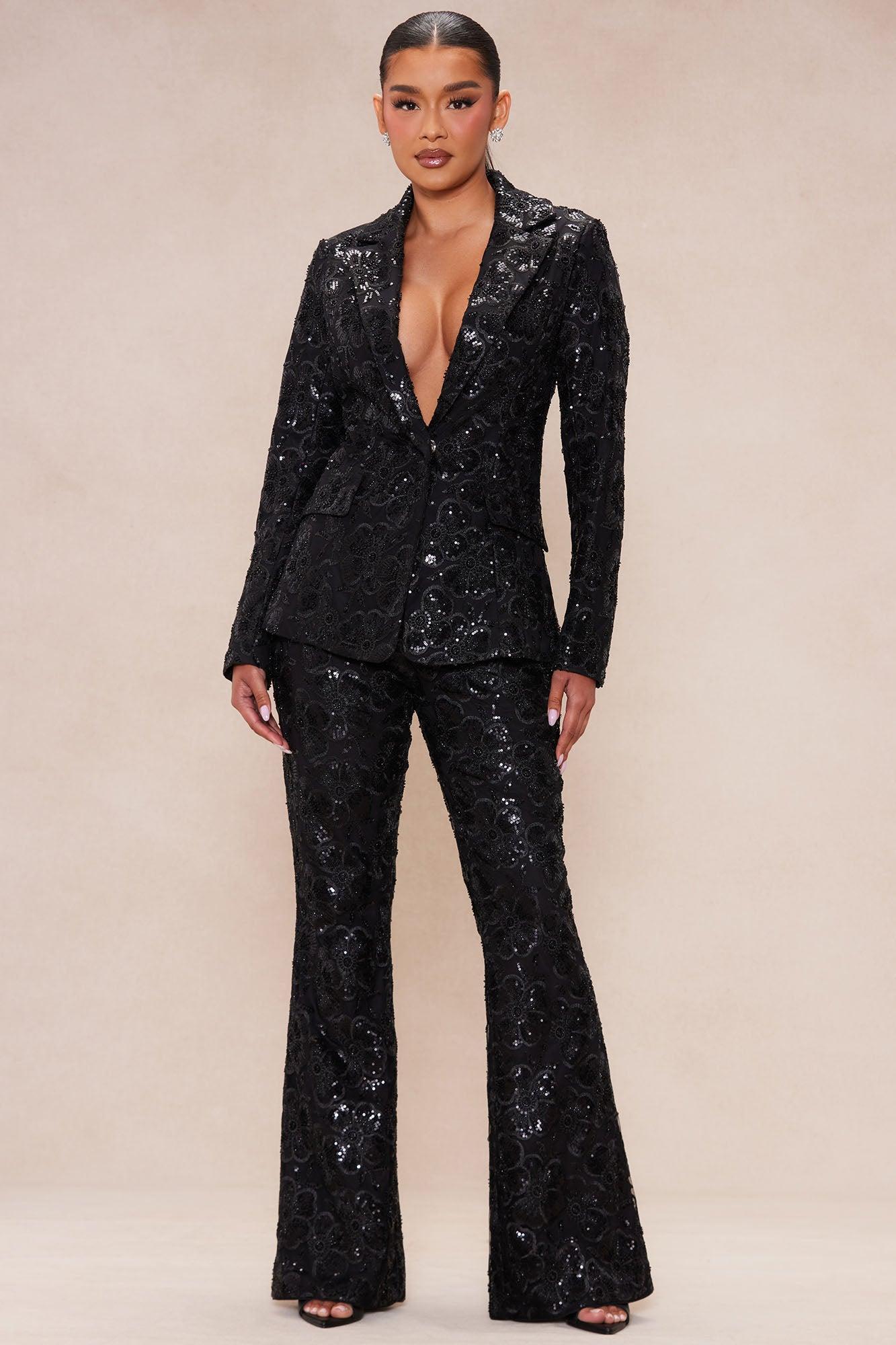 Adriannna Embroidered Sequin Blazer - Black Product Image