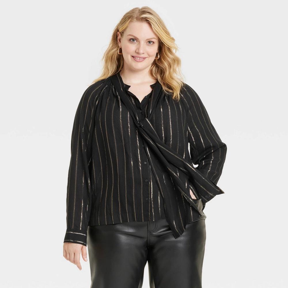 Womens Long Sleeve Tie-Front Bow Blouse - Universal Thread Black Striped Product Image