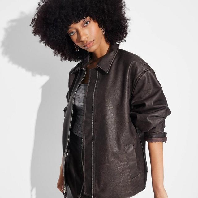 Womens Faux Leather Oversized Bomber Jacket - Wild Fable Dark Brown Product Image