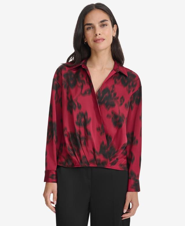 Calvin Klein Womens Printed Faux-Wrap Collared Top Product Image