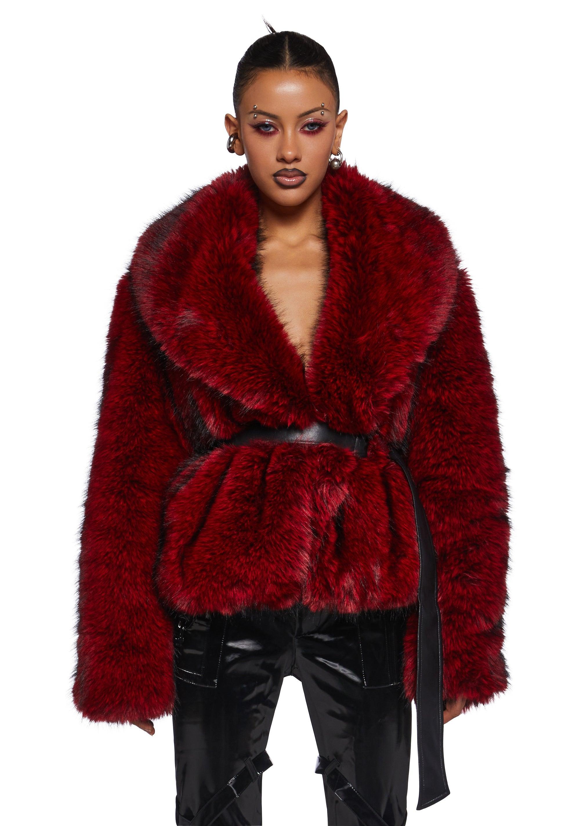 Darker Wavs Diatonic Faux Fur Lined Vegan Leather Belted Coat - Red Product Image