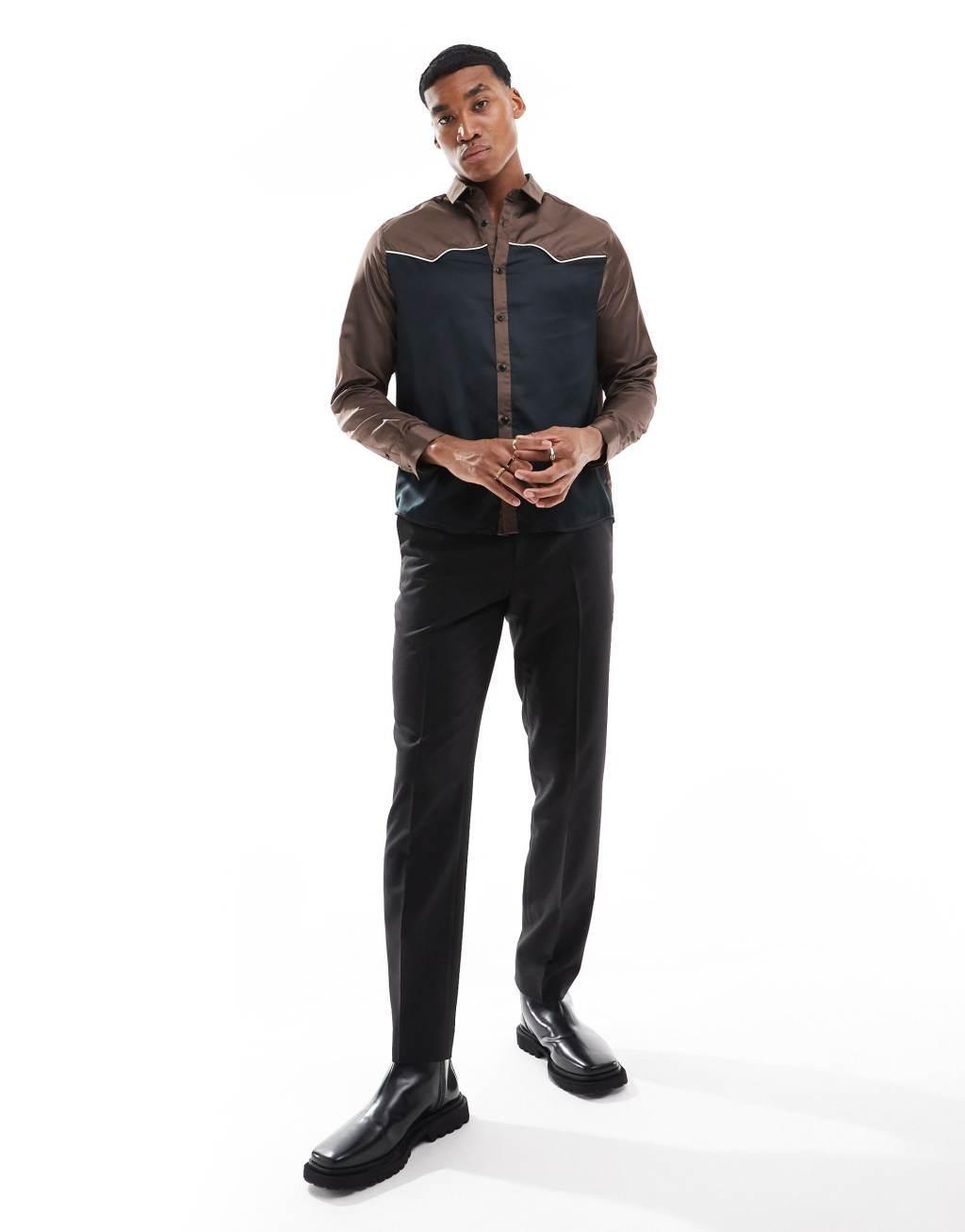 ASOS DESIGN relaxed shirt with cut and sew western details in black  Product Image