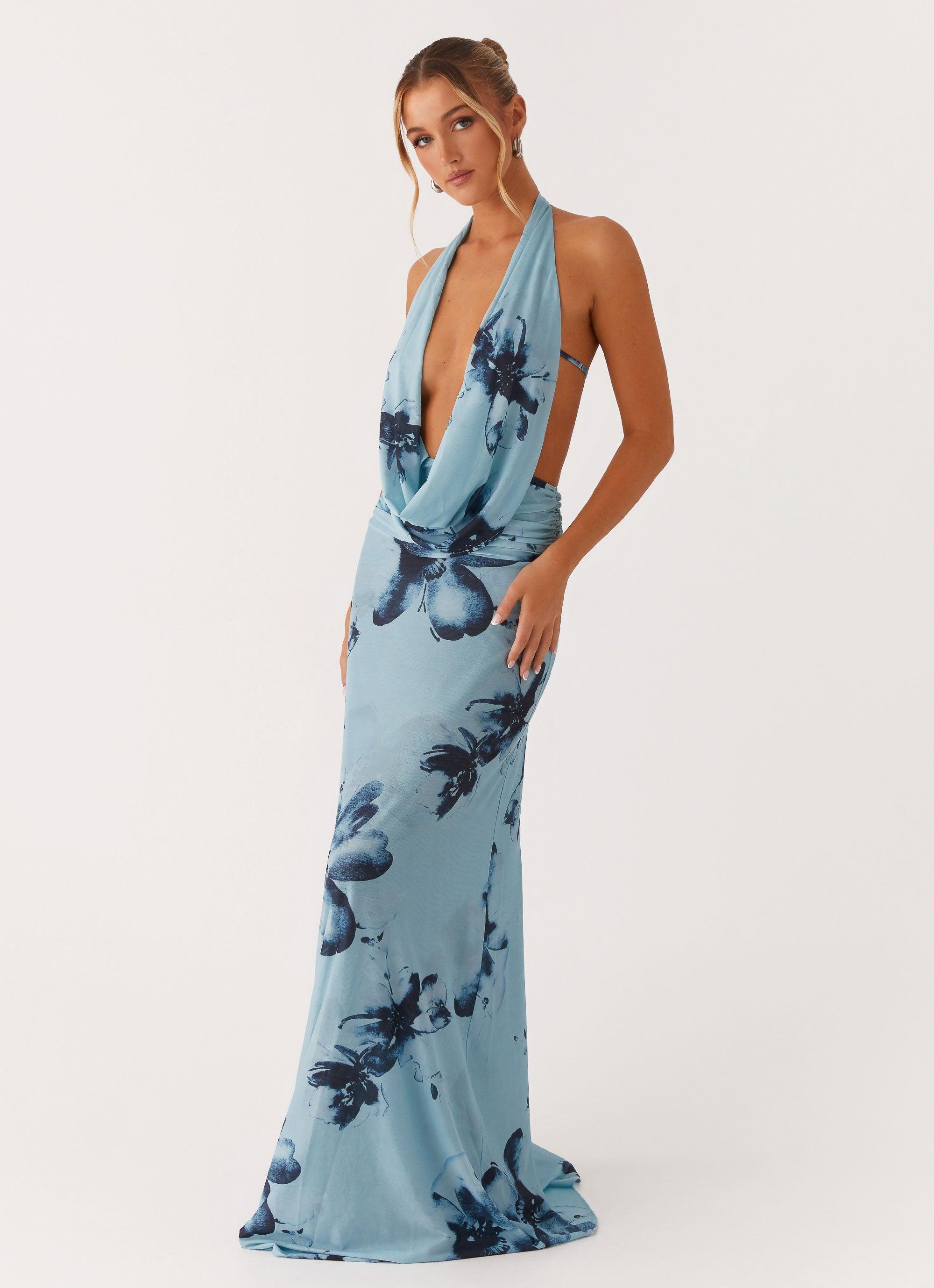 Elysia Mesh Maxi Dress - Blue Black Floral Product Image