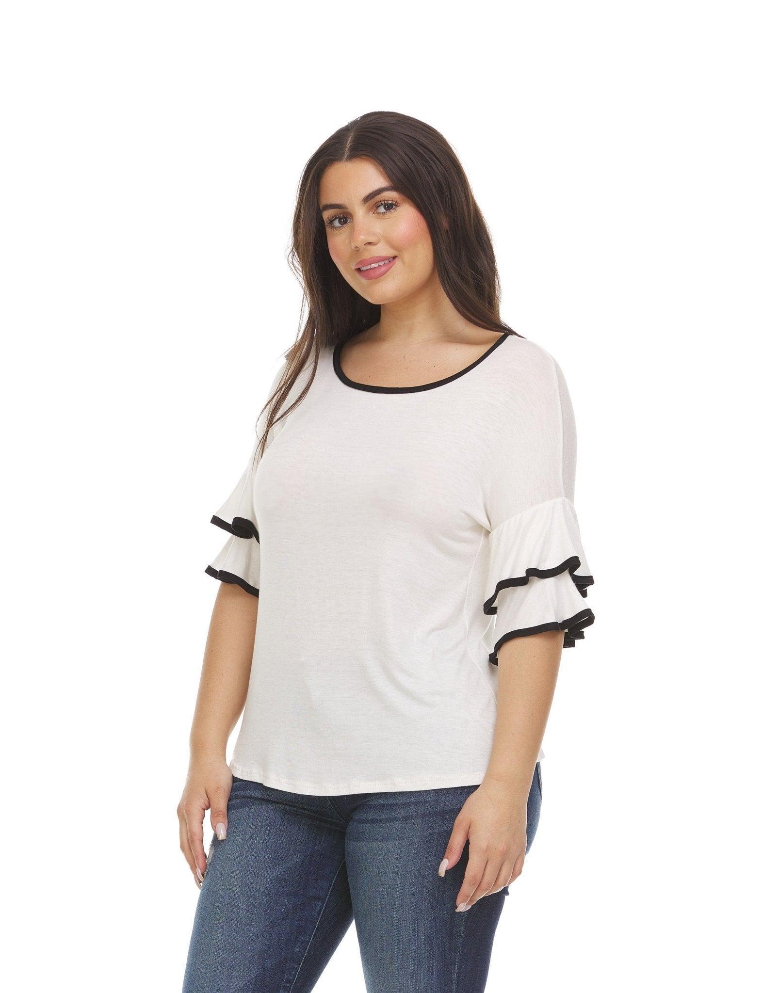 Womens Multi Ruffle Sleeve Top With Contrast Color Trim On Ruffles & Neckline Female Product Image