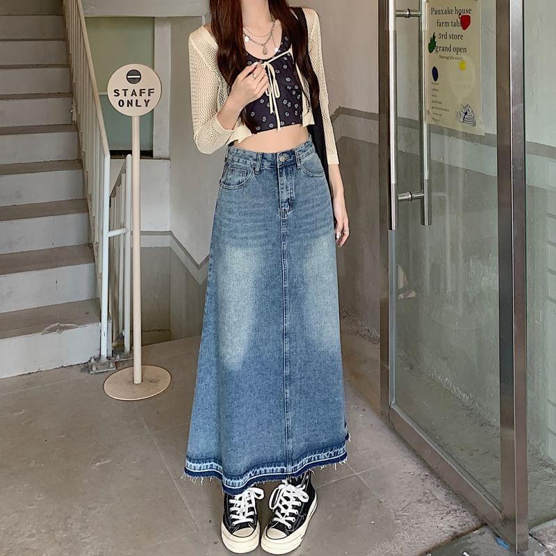 High Rise Washed Denim Maxi Mermaid Skirt Product Image