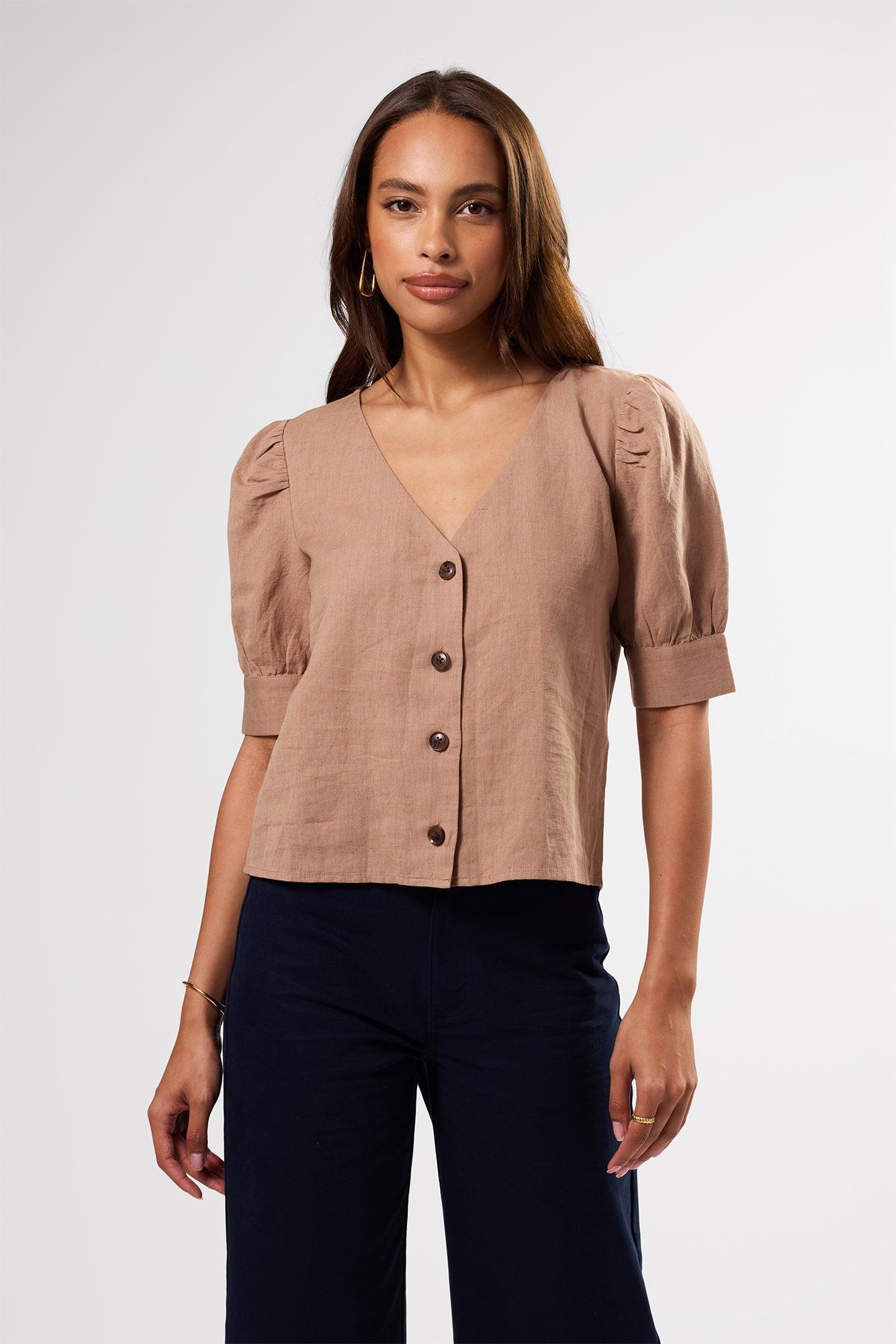 V Neck Cuff Sleeved Blouse - Sand Product Image