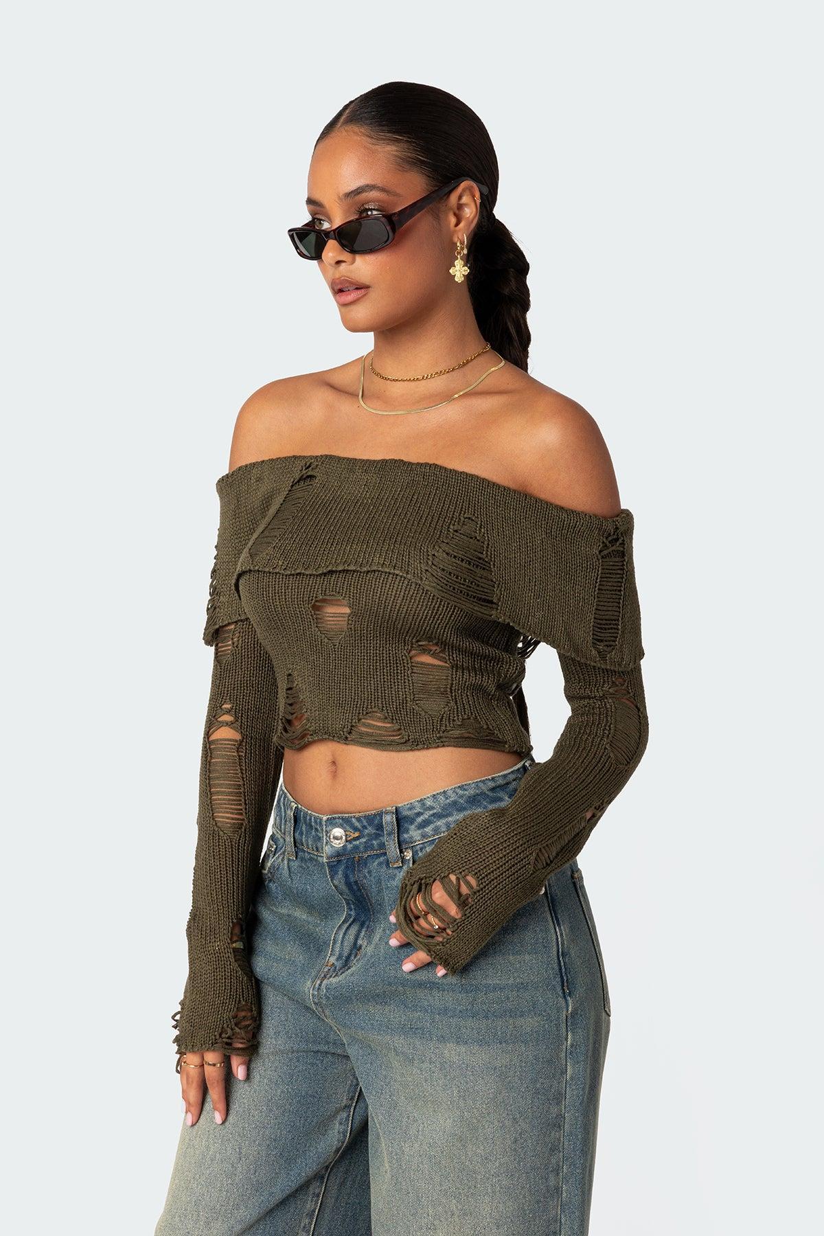 Distressed Fold Over Sweater Product Image