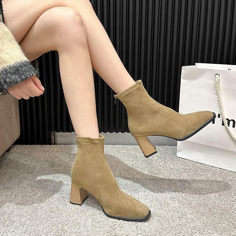 Square Toe Faux Suede Block Heel Short Boots Product Image