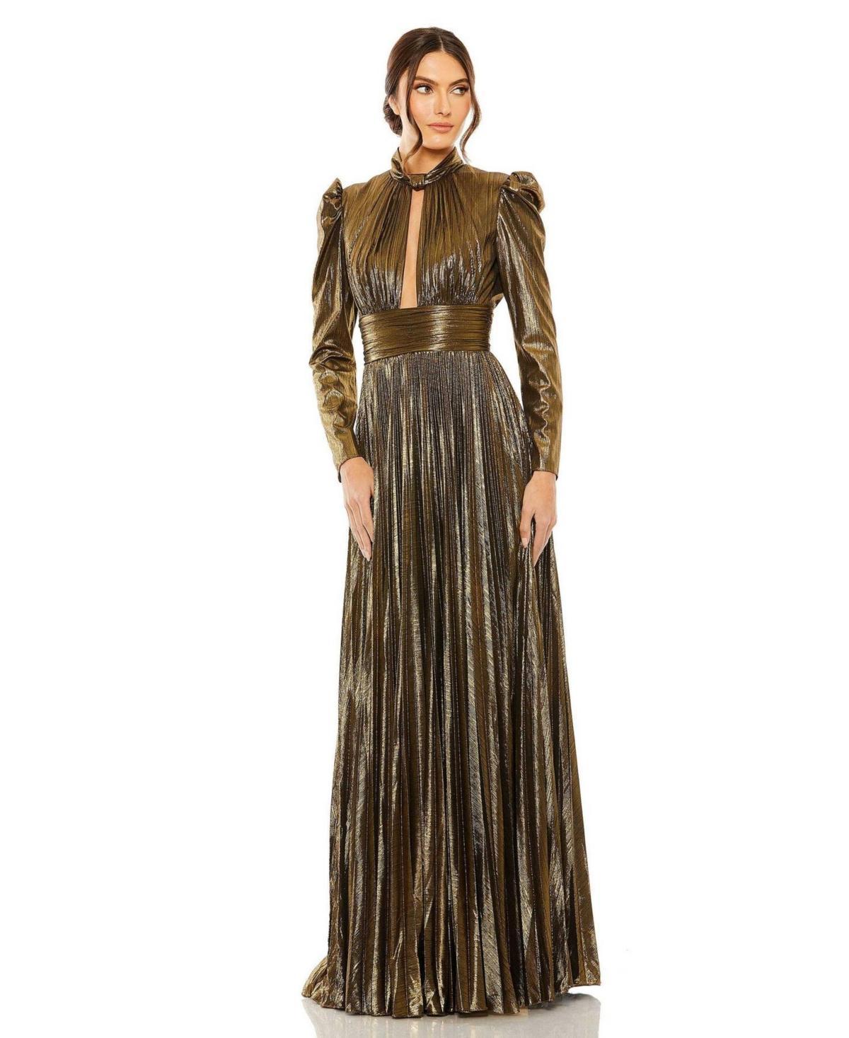 Womens Long Sleeve Keyhole Neck Heat Pleat Metallic Gown Product Image