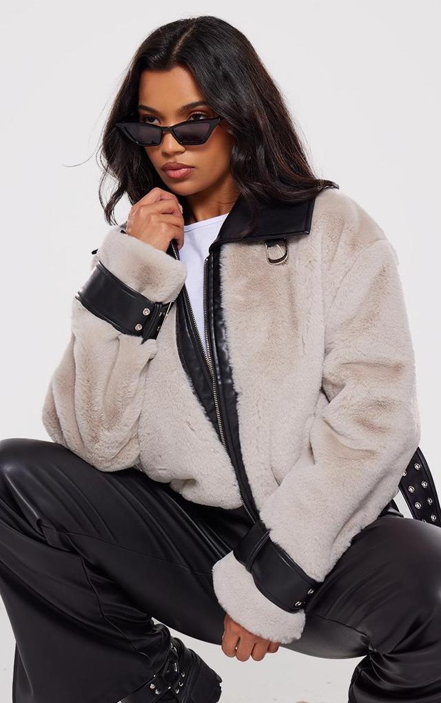 Grey Faux Fur Contrast Detail Aviator Jacket Product Image