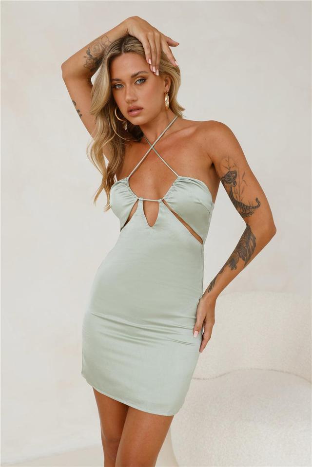 Brunch By The River Satin Mini Dress Sage Product Image