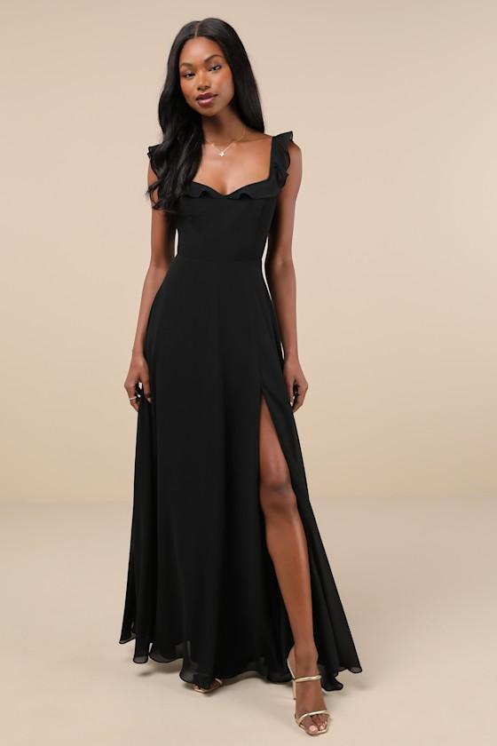 Dreamy Admiration Black Ruffled Maxi Dress Product Image