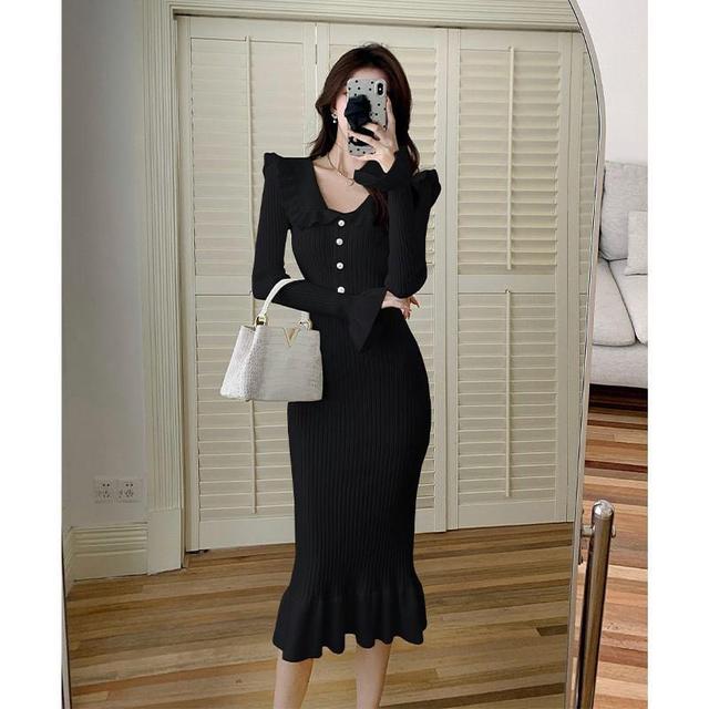 Long-Sleeve Collar Plain Ruffle Trim Ribbed Midi Sheath Knit Dress Product Image