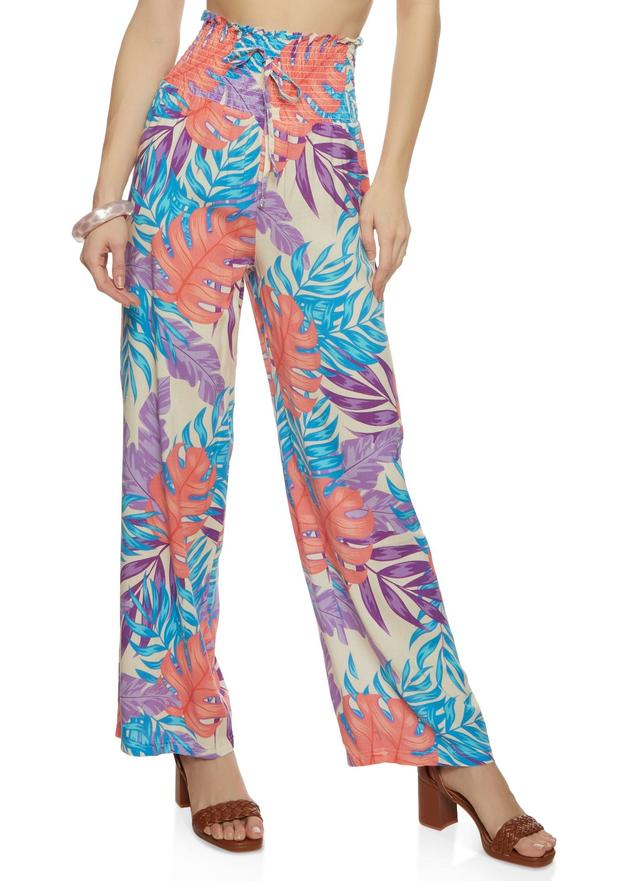 Womens Smocked Waist Tropical Print Wide Leg Pants Product Image