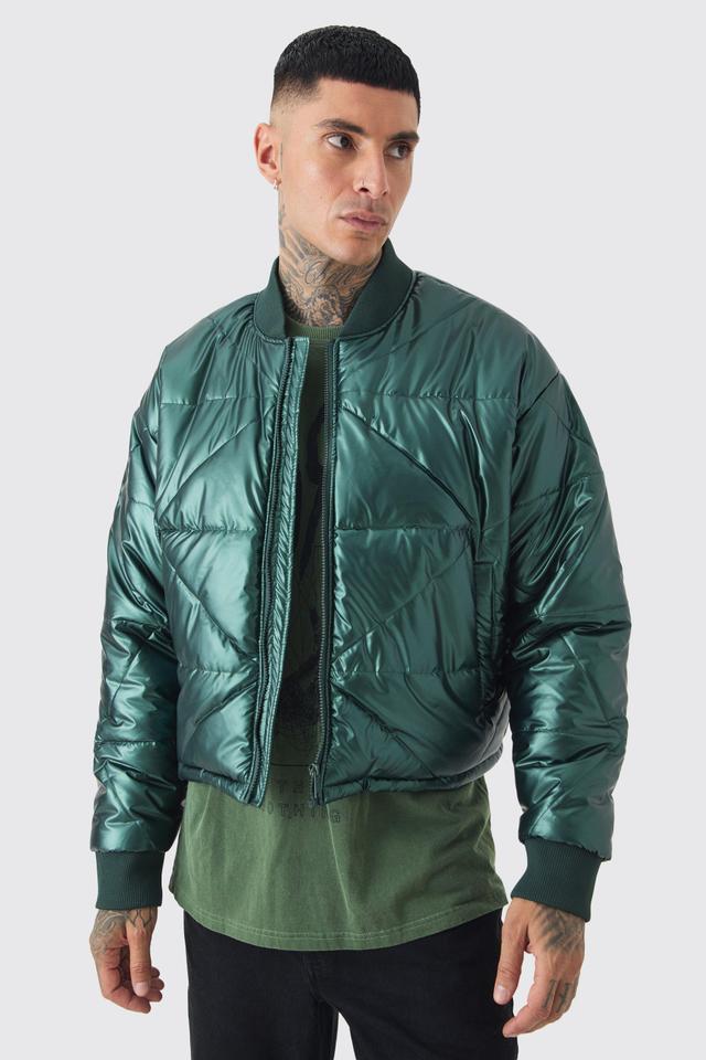 Tall Boxy Metallic Abstract Quilted Bomber Jacket In Green | boohooMAN USA Product Image