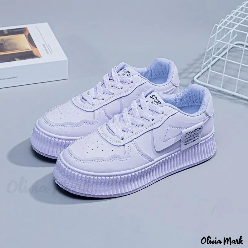 Olivia Mark – White Canvas Sneakers with Thick Sole for Casual Sports Wear. Product Image