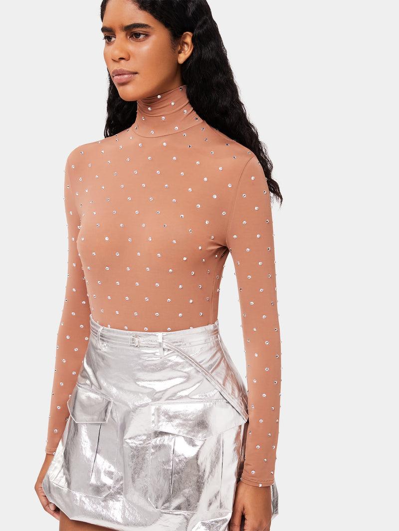 Crystals-embellished caramel turtleneck top Product Image