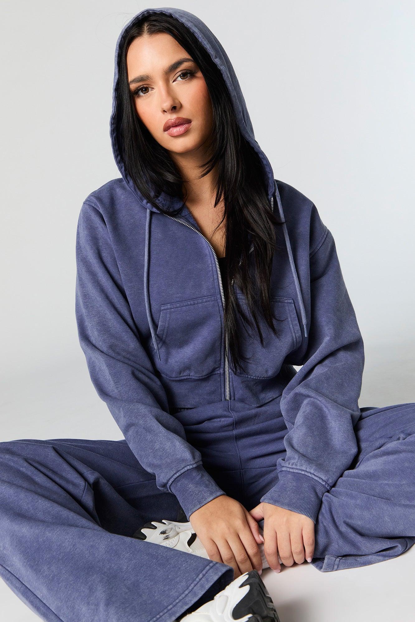 Fleece Washed Zip-Up Cropped Hoodie Female Product Image