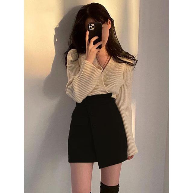 High Rise Asymmetrical Plain Mini Skirt / Long-Sleeve V-Neck Plain Knit Top Product Image