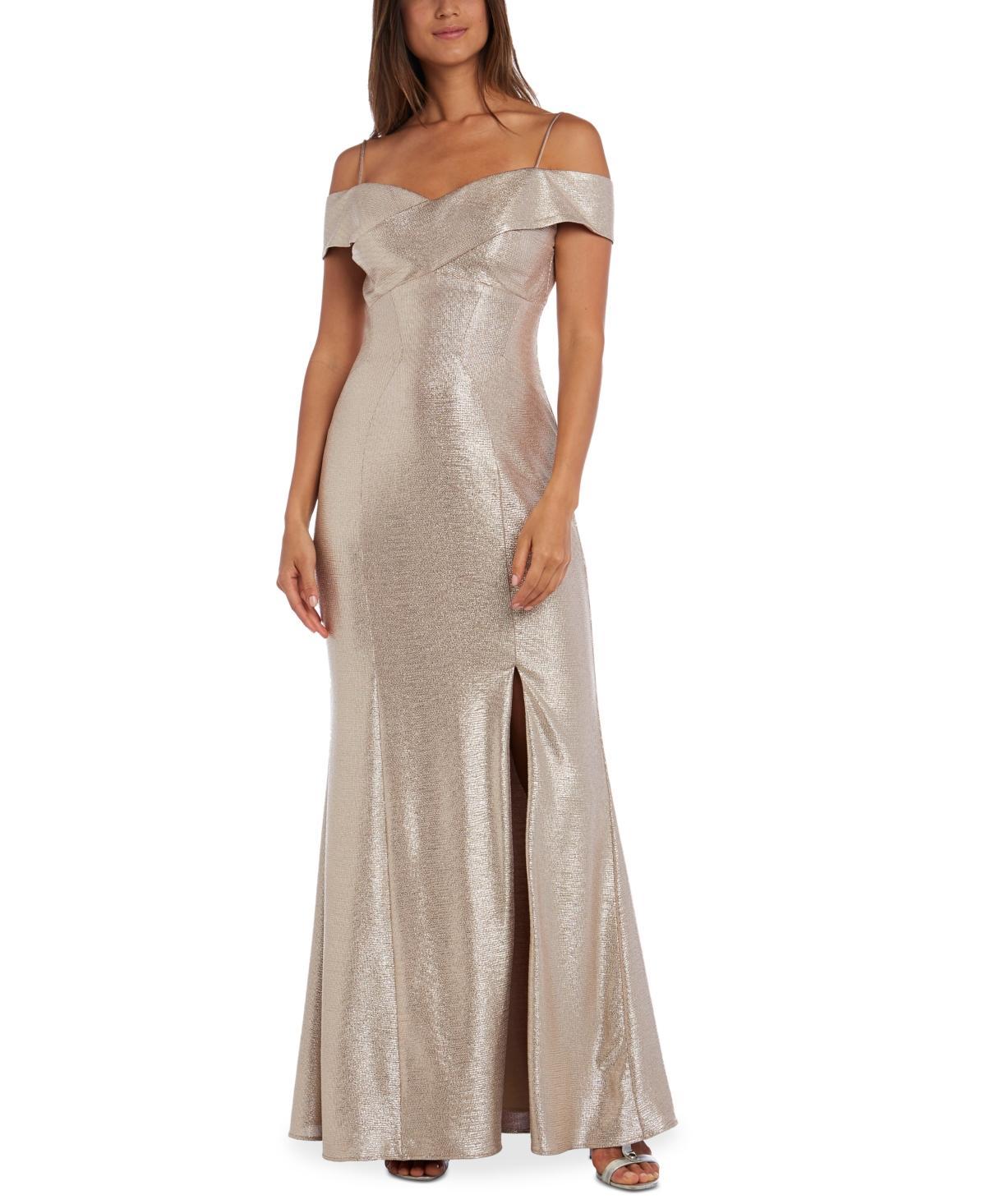 Nightway Cold-Shoulder Foil Gown - Champange Product Image