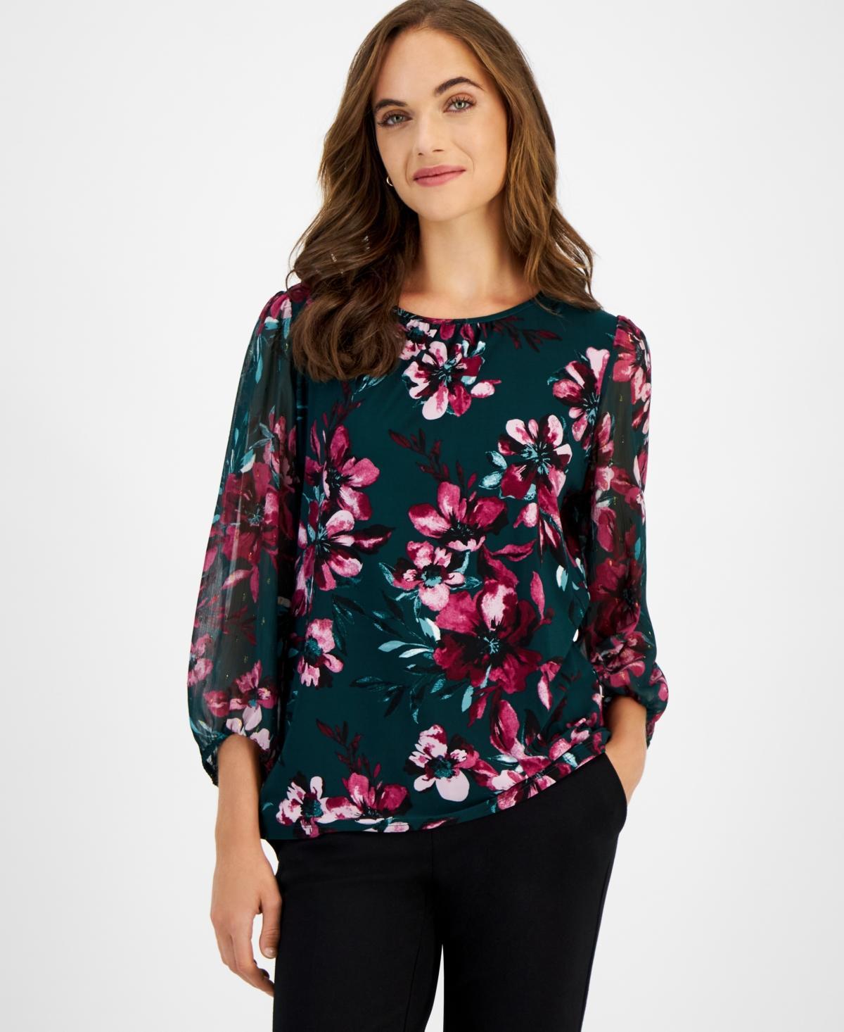 Kasper Womens Floral Print Mixed-Media Top Product Image