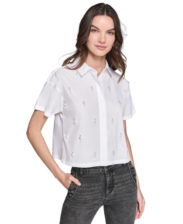 Karl Lagerfeld Paris Womens Faux-Pearl-Embellished Poplin Top Product Image