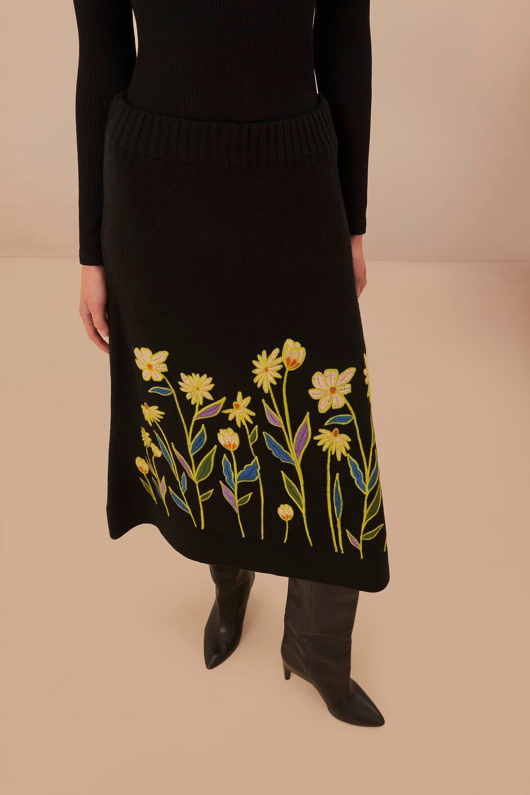 Black Farm Rio Flowers Embroidered Knit Skirt Product Image