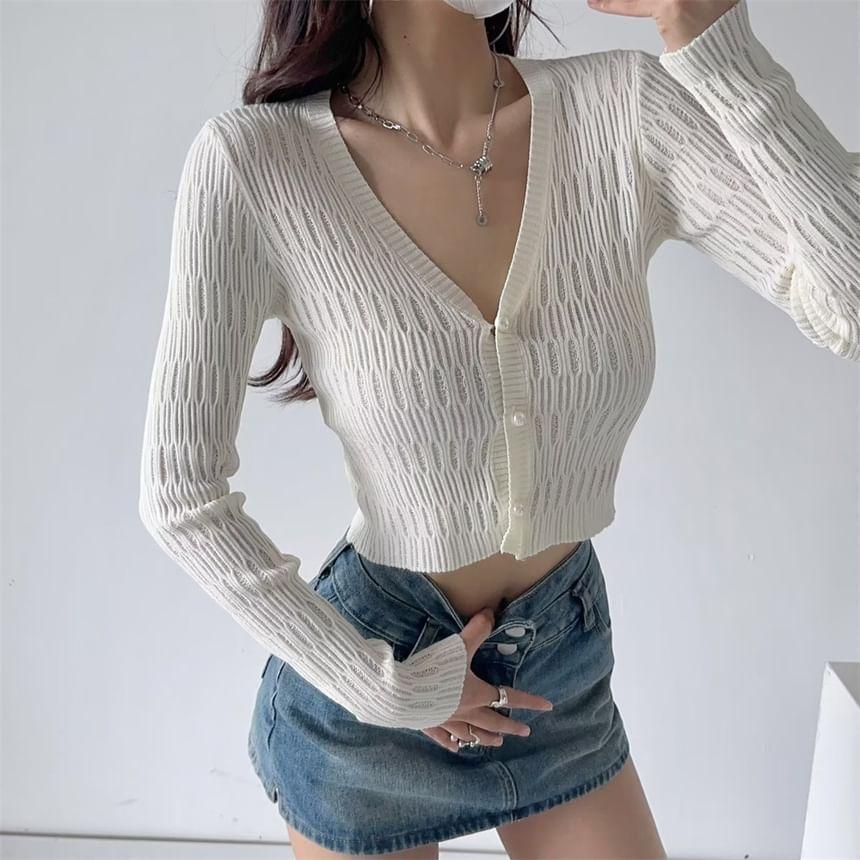 V-Neck Plain Shirred Faux Pearl Crop Button-Up Cardigan Product Image