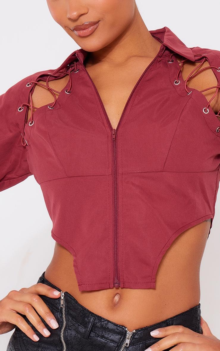 Maroon Lace Up Side And Front Pointed Hem Shirt Product Image