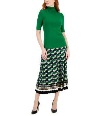 Anne Klein Womens Turtleneck Elbow Sleeve Sweater Printed Pull On Pleated Skirt Product Image