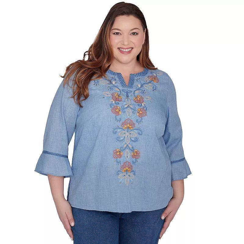 Plus Size Alfred Dunner Floral Embroidered Front Bell Sleeve Top, Womens Blue Product Image