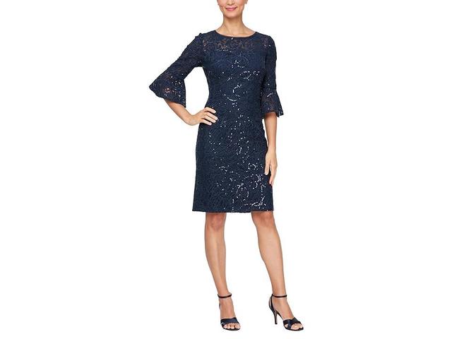 Alex Evenings Short Corded Lace Sheath Dress with Illusion Neckline and Bell Sleeves Women's Dress Product Image