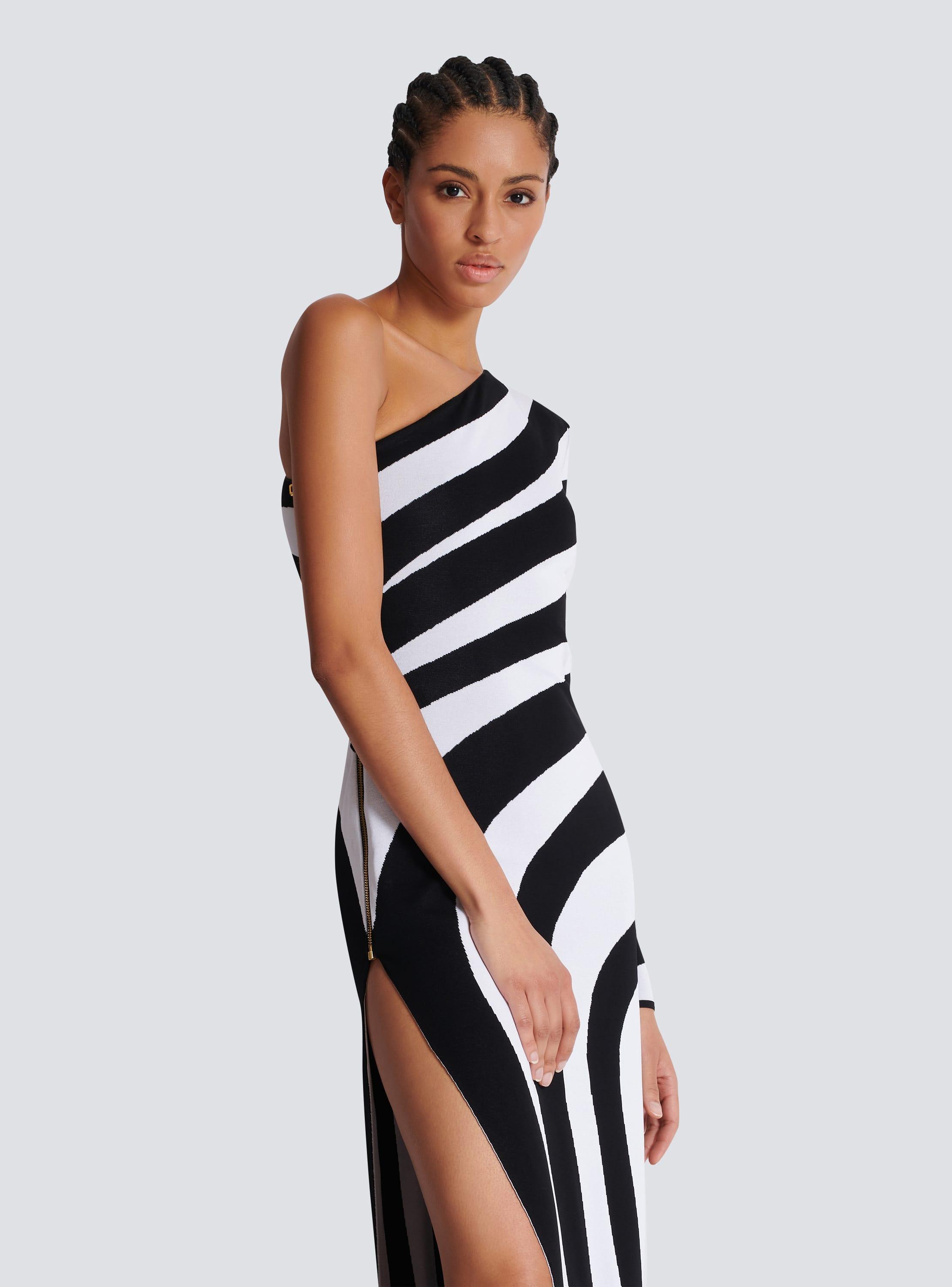 Long asymmetrical striped knit dress Product Image