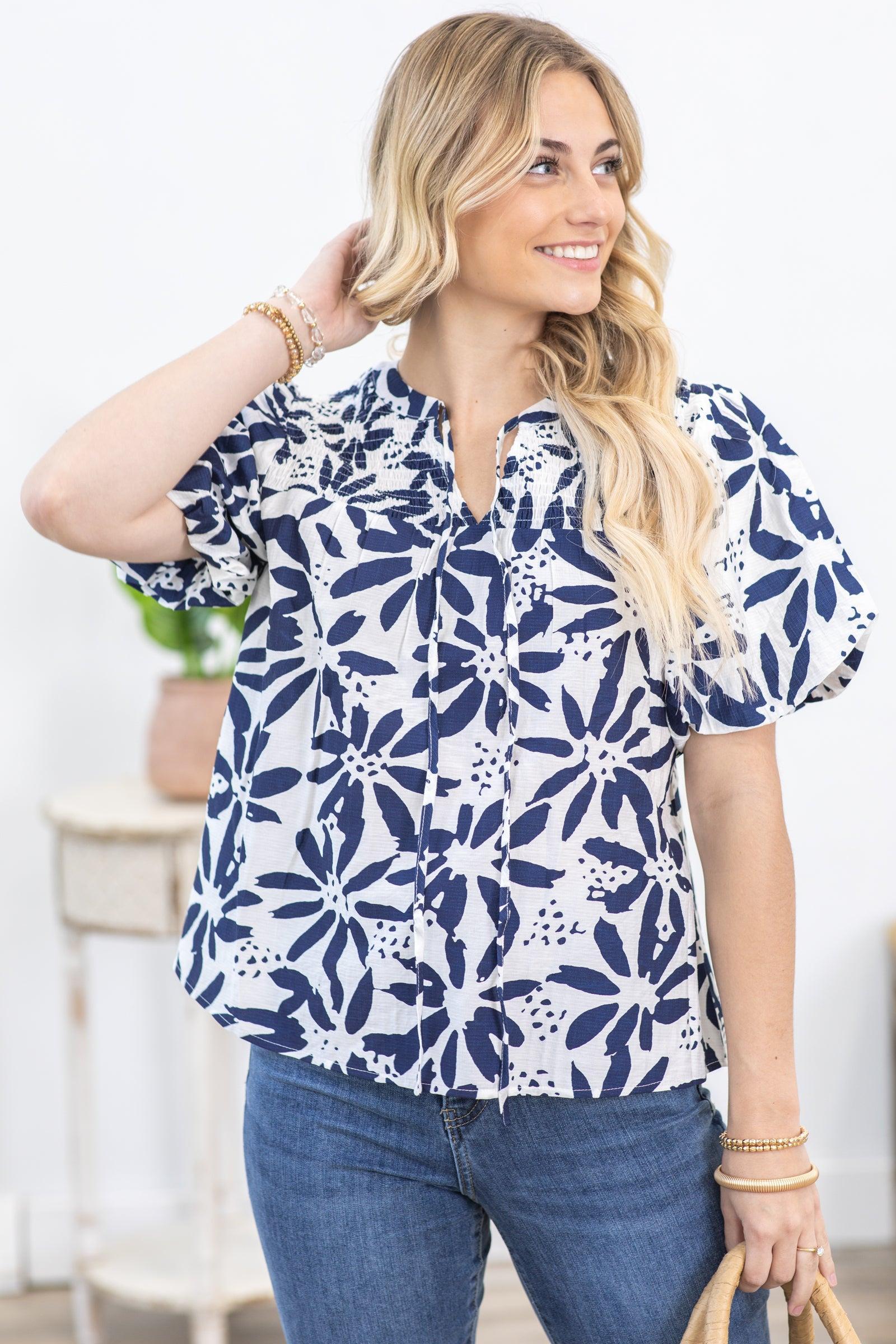 Navy Flower Print Tie Neck Woven Top Product Image