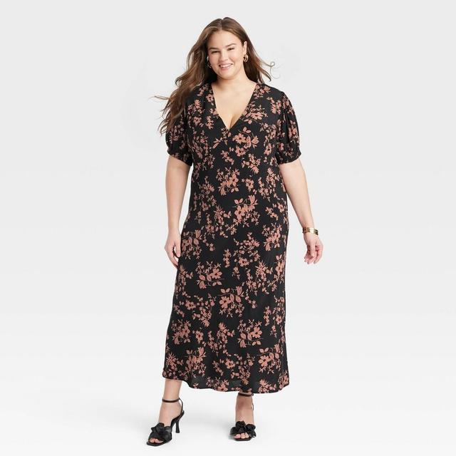 Womens Crepe Puff Short Sleeve Midi Dress - A New Day Black/Brown Floral 4X Product Image