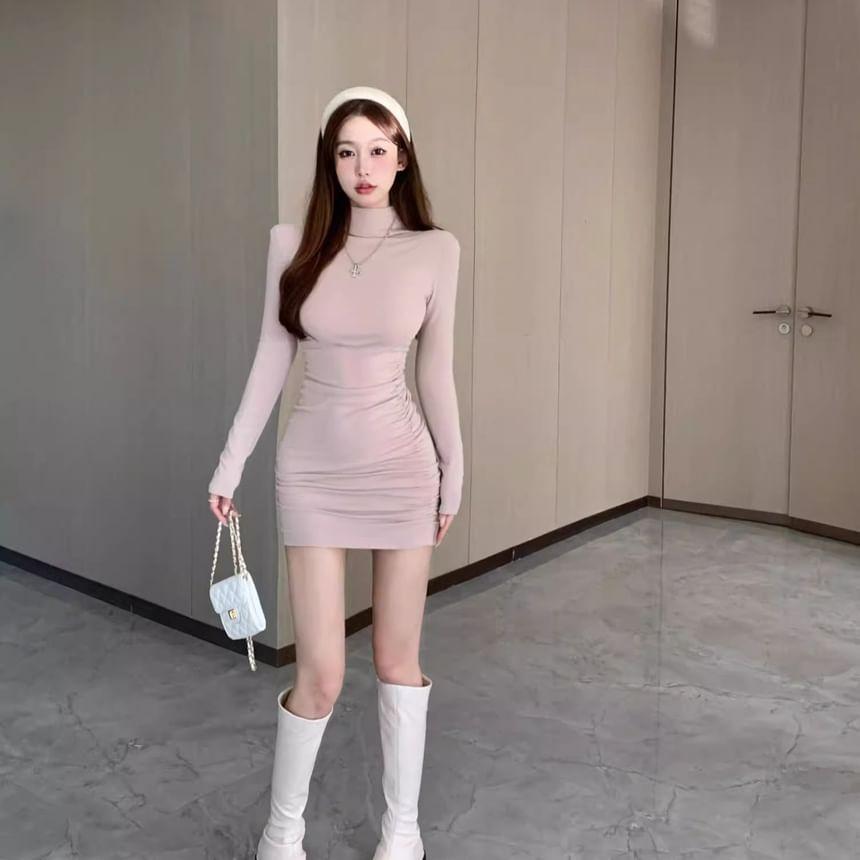 Long Sleeve Mock Neck Plain Ruched Bodycon Mini Dress Product Image