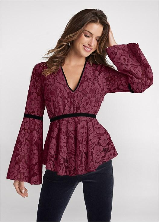 Lace Bell Sleeve Top - Wine Multi Product Image